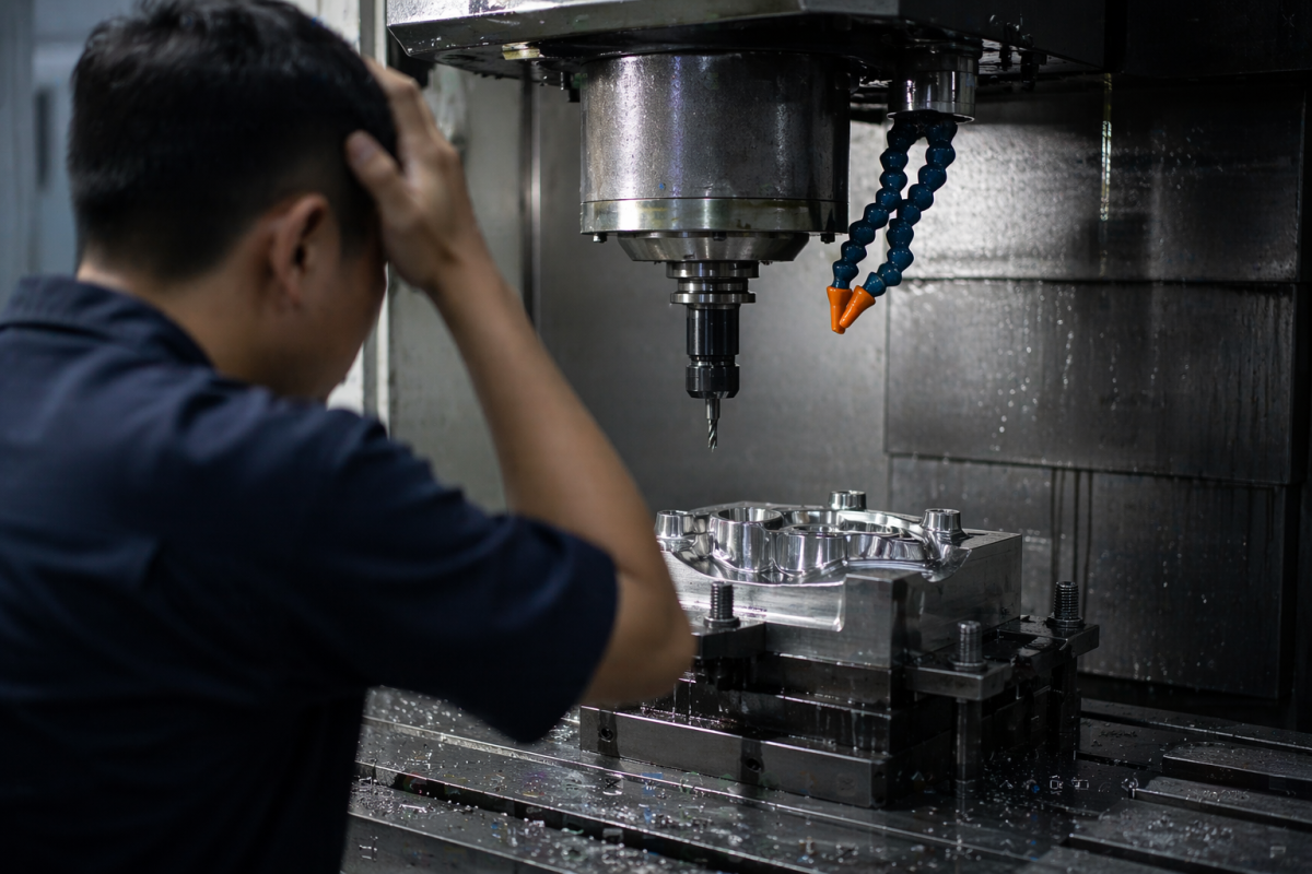 Teknisi memeriksa mesin CNC saat spindle bermasalah di area produksi