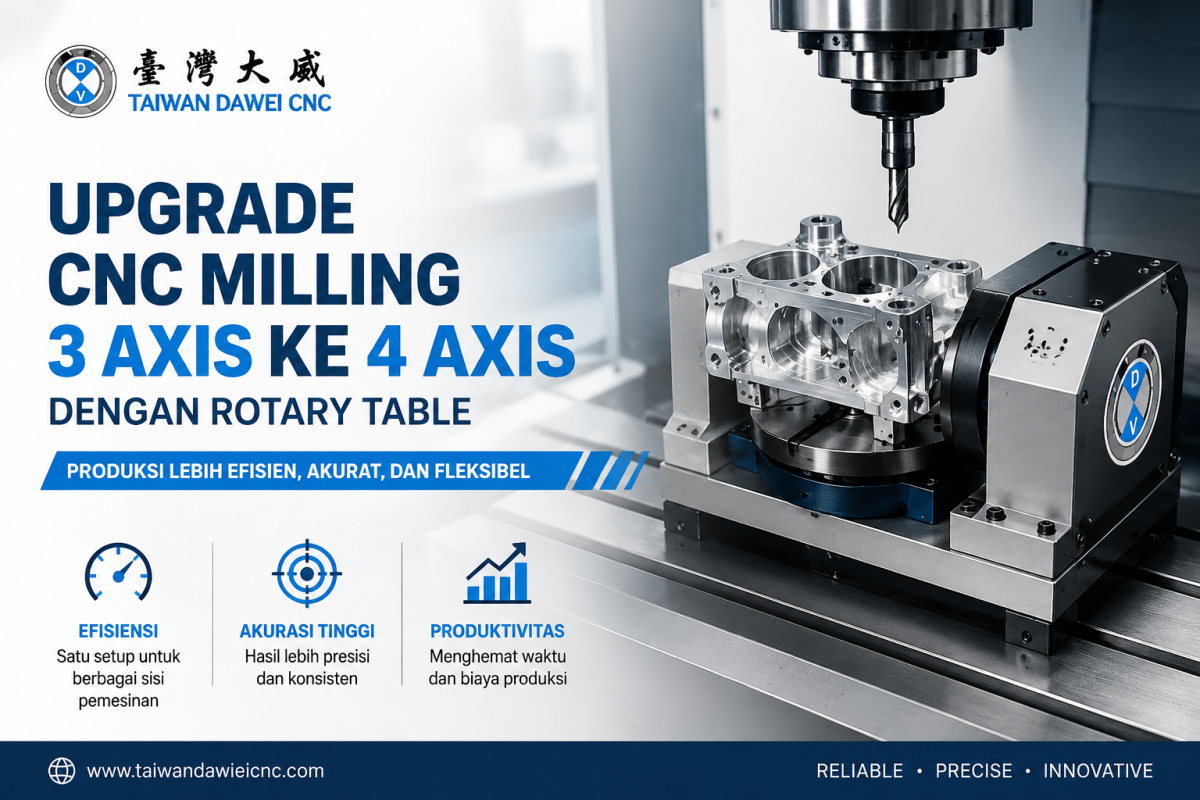 Upgrade CNC Milling 3 Axis ke 4 Axis dengan Rotary Table Taiwan Dawei CNC